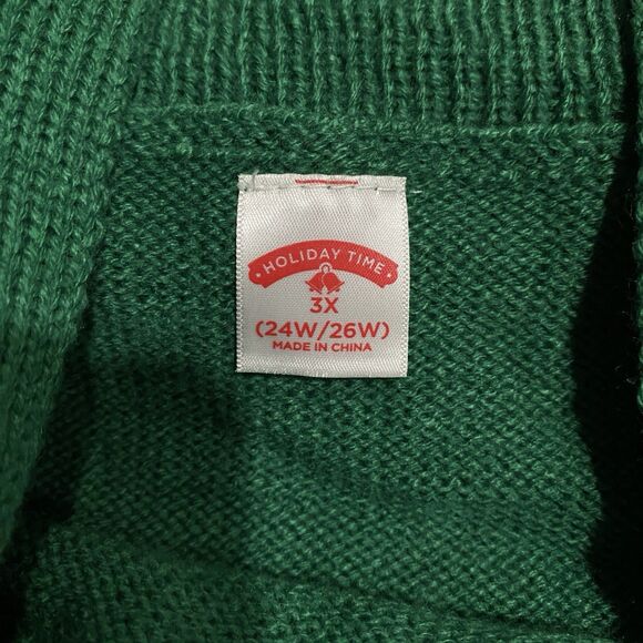 Holiday Time Christmas Sweater Dress Green Elf Leopard Fur Off Shoulder 3X 24W - Picture 15 of 16